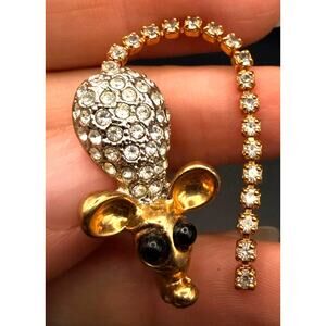 Vintage Gold-tone and Rhinestone Mouse Brooch Dangly Tail